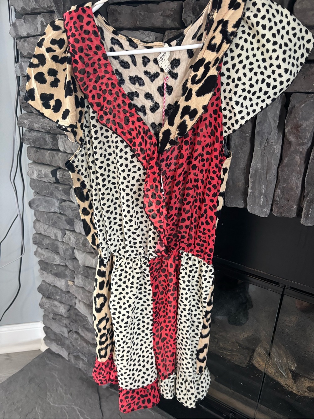 Umgee Multicolor Animal Print Mixed Panel Romper- Red, Cream, Tan, Black